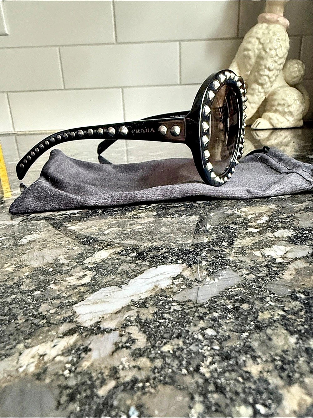 Prada Cinema Studded Round Sunglasses SPR 13Q Black & Gray - Picture 3 of 4